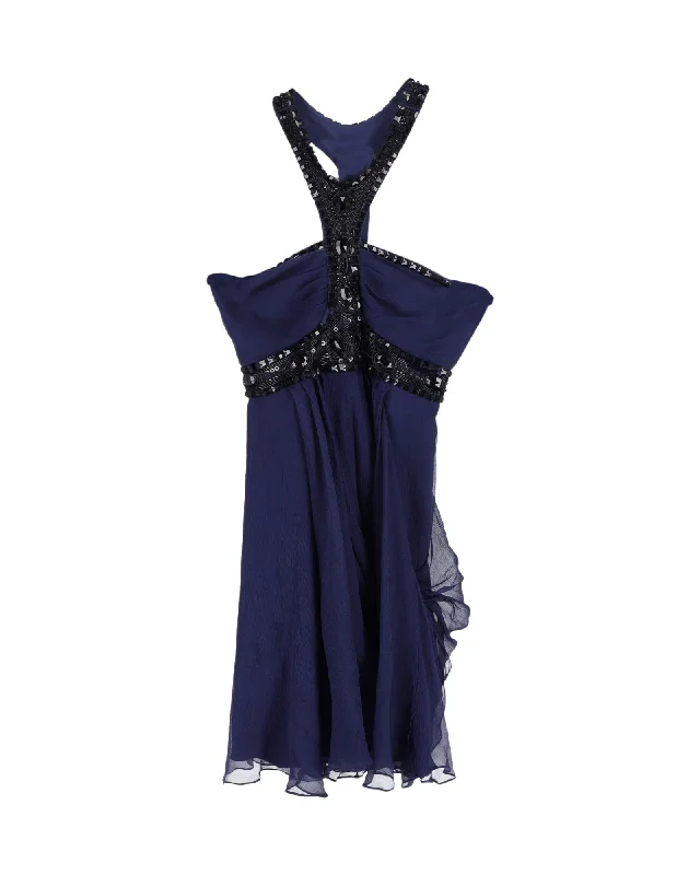 Limited Quantities Temperley London Embellished Halterneck Mini Dress in Blue Silk