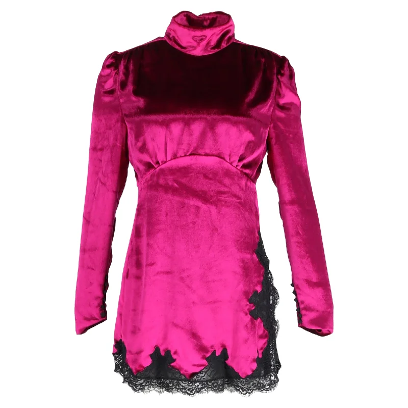 Winter Warm - Up Sale Alessandra Rich Baby Doll Lace Trim Mini Dress in Velvet Fuchsia Pink