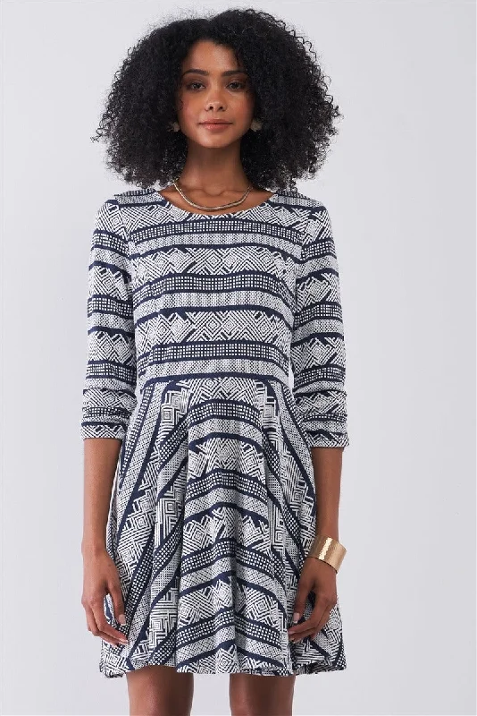 Casual Chic Navy & White Multi Print Round Neck 3/4 Sleeve A-line Mini Dress