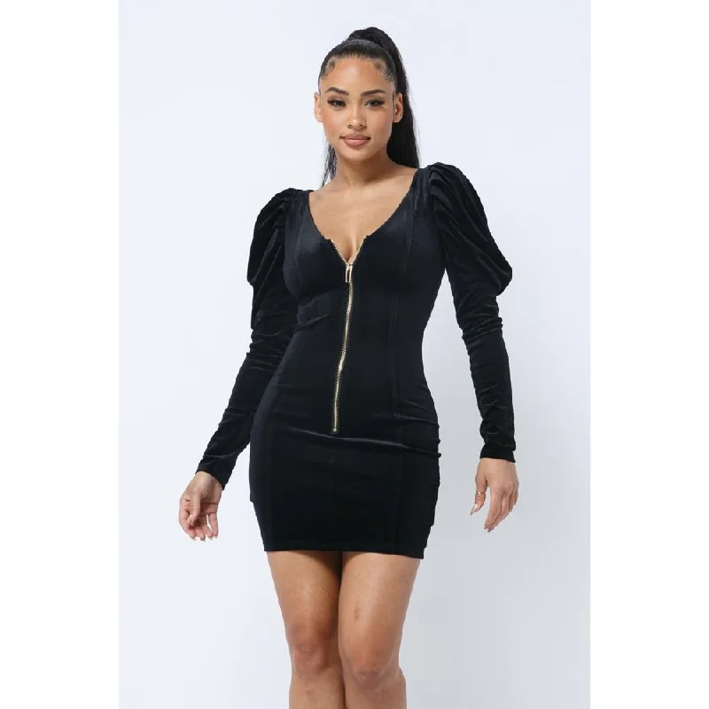 Effortless Grace Soft Velvet Pleated Puff Sleeve Low V Neck Front And Back Mini Dress