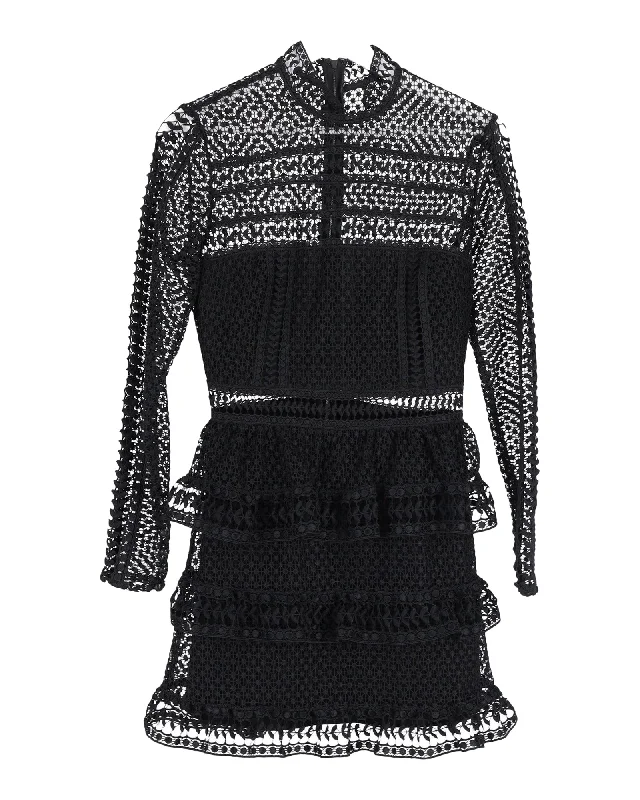 Great Prices On Feminine Styles Self-Portrait Mock-Neck Lace Ruffled Mini Dress in Black Rayon