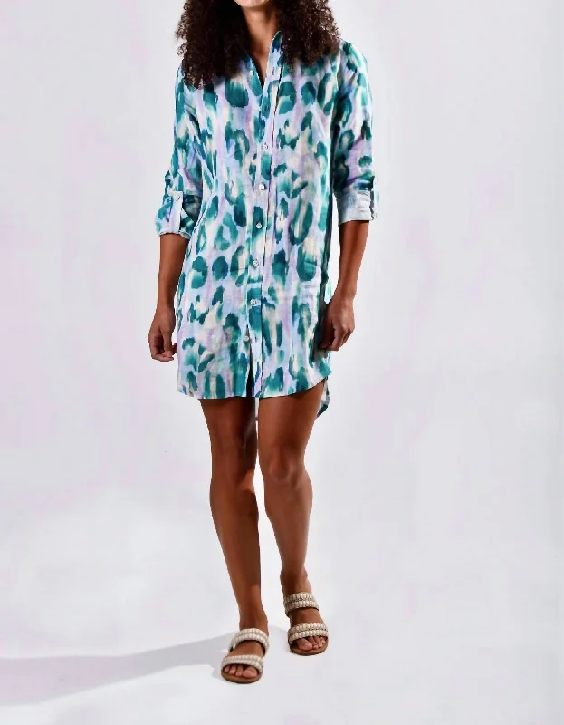 Seasonal Fashion Girlfriend Linen Mini Dress In Teal Cheetah