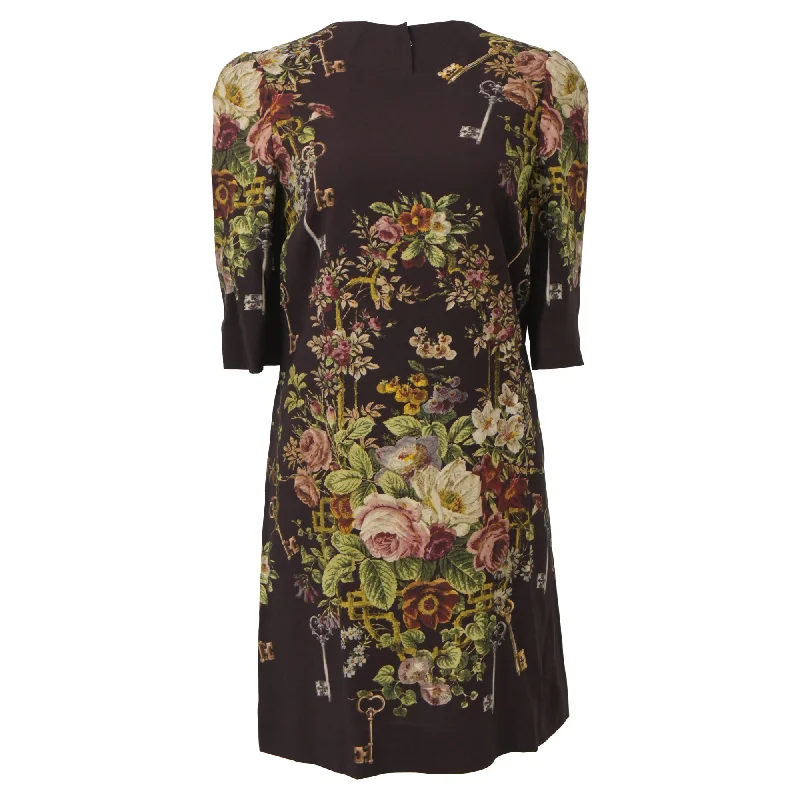 Tropical Island - Inspired Attire Dolce & Gabbana Flowers and Keys Printed Mini Dress in Multicolor Viscose