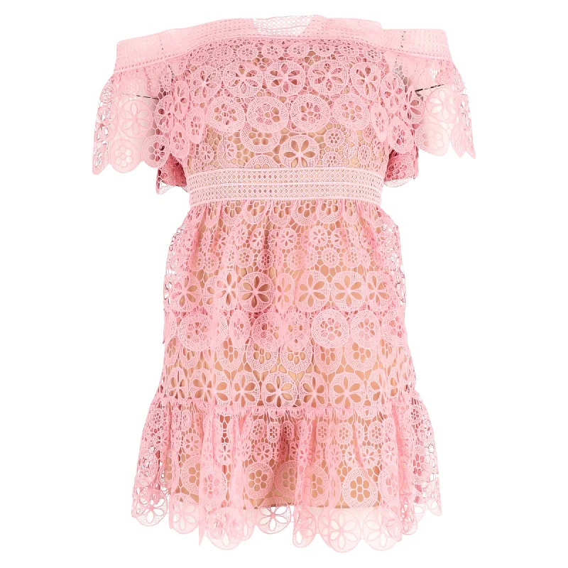 Self-Portrait Guipure Lace Off Shoulder Mini Dress in Pink Polyester