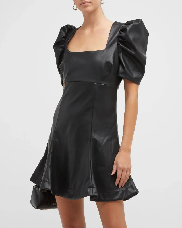 Casual Weekend Relaxed Style Alia Faux-Leather Puff-Sleeve Mini Dress In Black