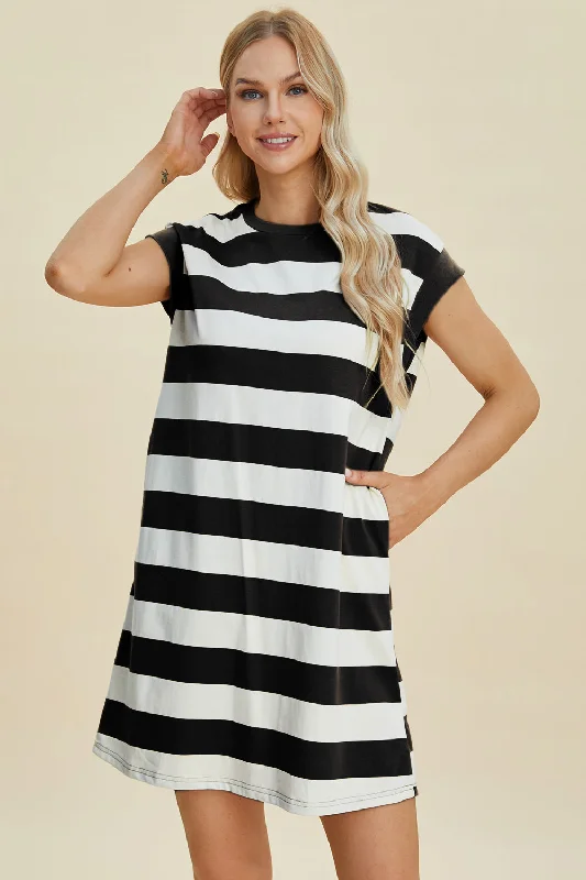 Chic Sophistication Full Size Striped Round Neck Cap Sleeve Mini Dress