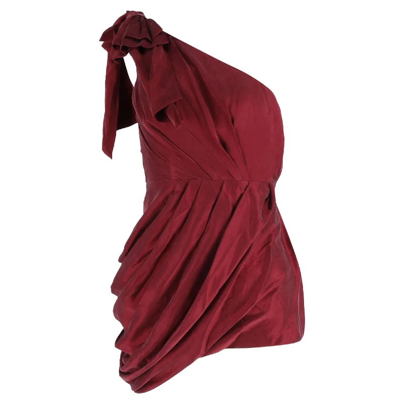 Zimmermann Ruched One-Shoulder Mini Dress in Burgundy Silk