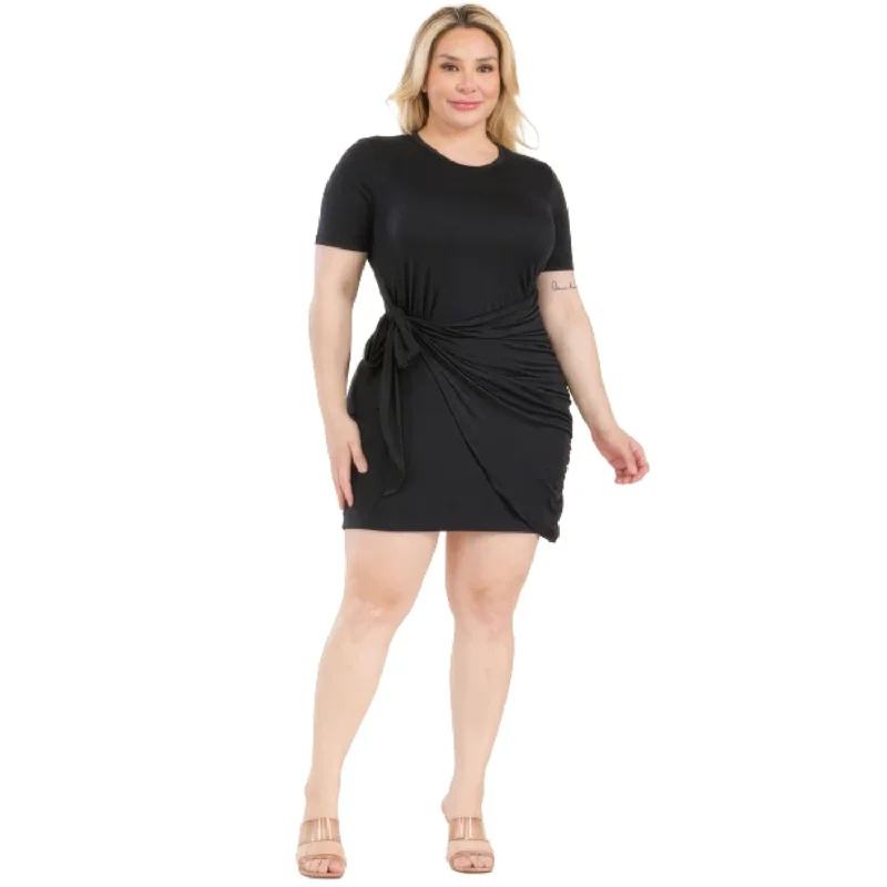 Bohemian Vibe Plus Size Solid Wrap Front Tie Side Short Sleeve Mini Dress