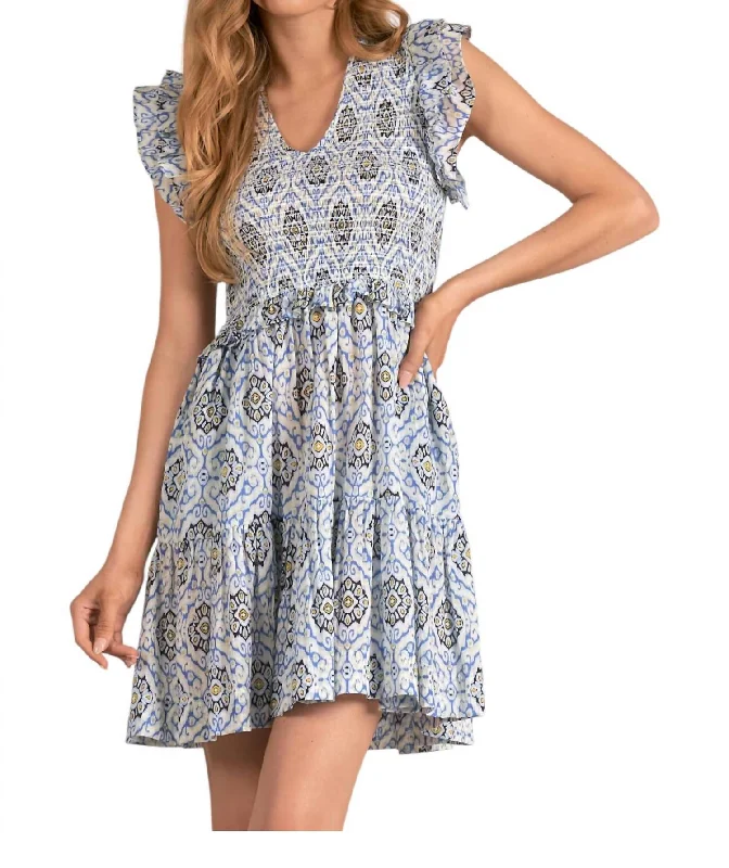 Elegant Attire Smocked Bodice Print Mini Dress In Blue Print