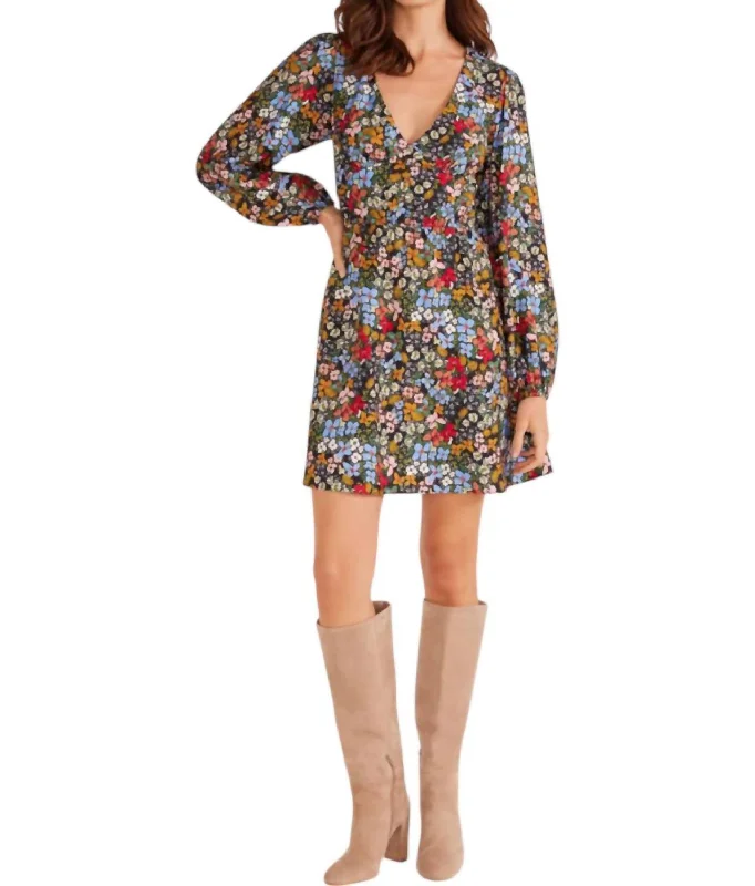 Feminine Soft - Hued Look Josie Long Sleeve Mini Dress In Fall Ditsy