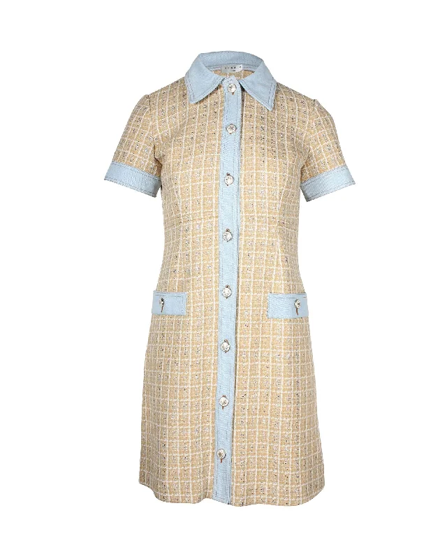 Sandro Paris Mella Denim Paneled Tweed Mini Dress in Beige Cotton