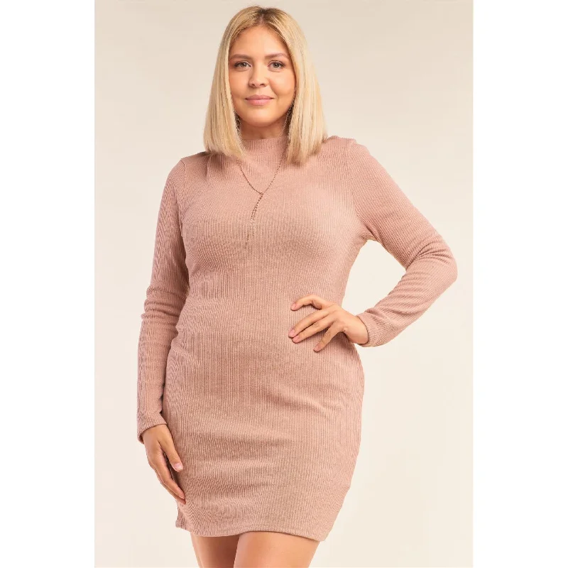 Statement Piece Plus Size Long Sleeve Ribbed Knit Sexy Cut Out Back Mini Dress