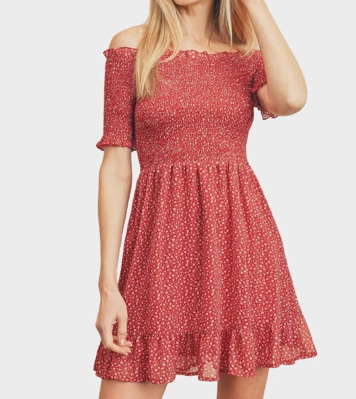 Seasonal Trend Off The Shoulder Smocked Mini Dress In Red