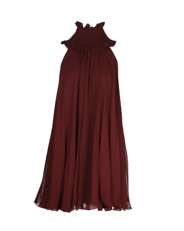 Caroline Constas Turtleneck Halter Mini Dress in Burgundy Silk