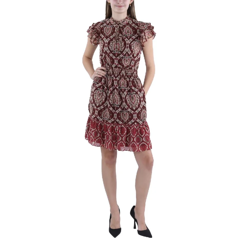 Feminine Soft - Hued Styles Womens Tie Neck Short Mini Dress