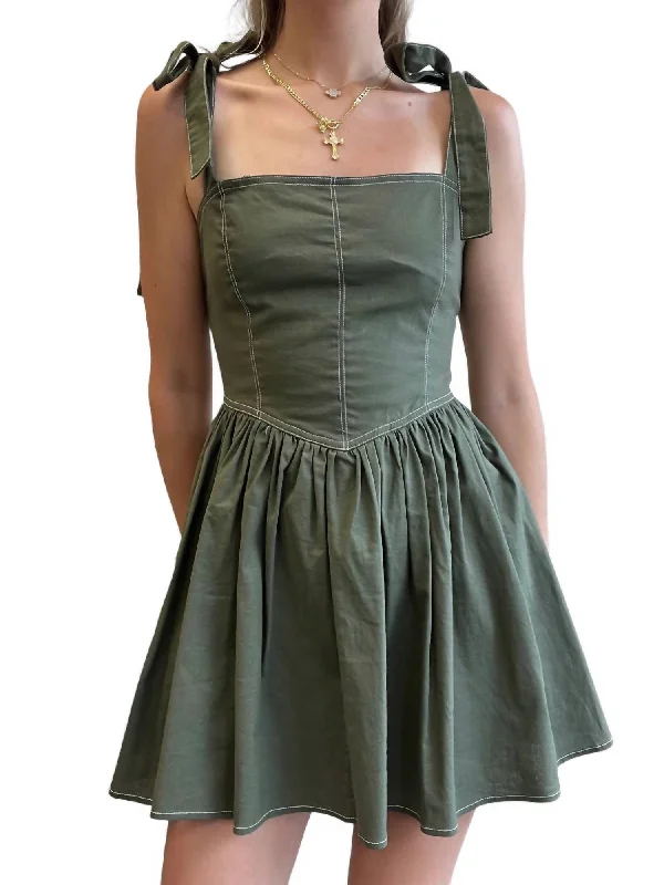 Romantic Flair Fierce Pocketed Linen Shoulder Tie Mini Dress In Olive