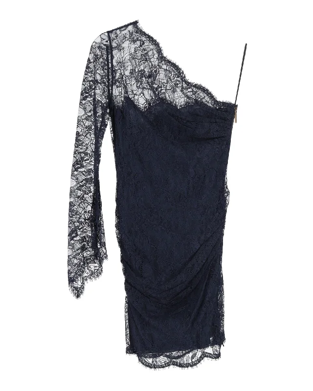 Minimalist Elegant Emilio Pucci One Shoulder Lace Mini Dress in Navy Blue Polyester