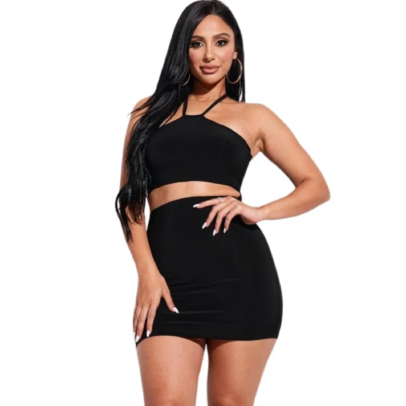 Effortless Style Solid Knit Double Layered Halter Neck Mini Dress With Front Cut Out