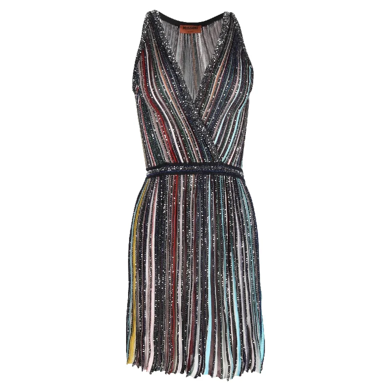 Chic Sophistication Missoni Sequins V-neck Pleated Mini Dress in Multicolor Rayon