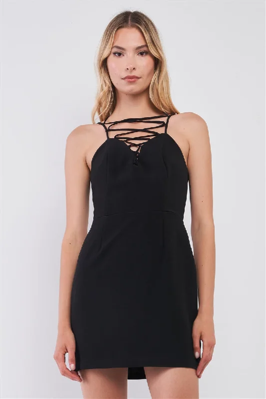 Effortless Style Black Slim Fit Sleeveless V-neck Front Corset Inspired Tie-up Detail Cocktail Mini Dress