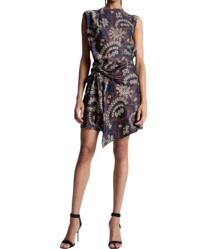 Feminine Soft - Hued Styles Dion Printed Mini Dress In Navy/cream