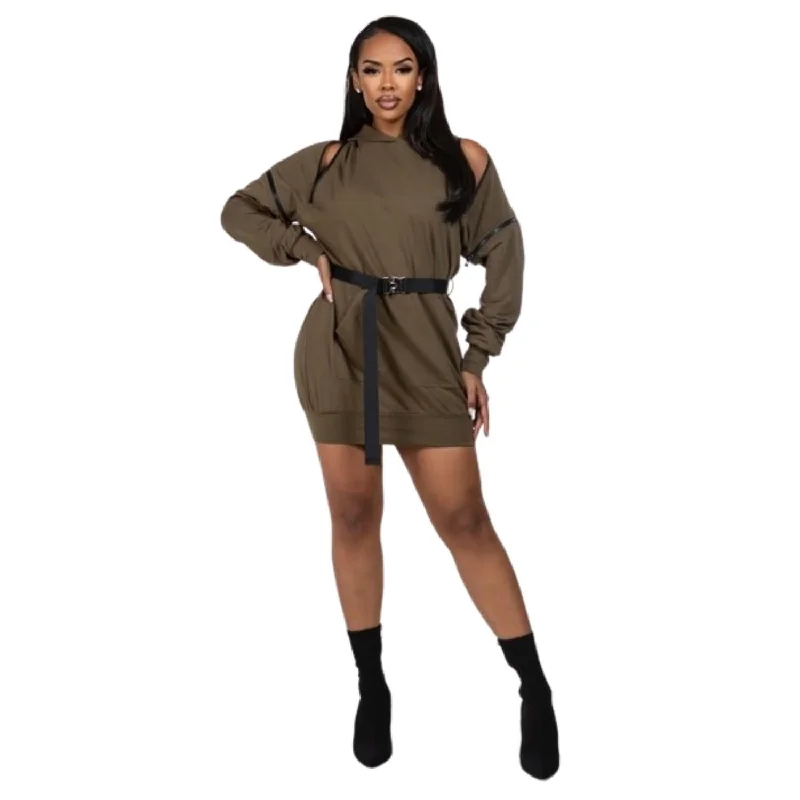 Sleek Design Double Zipper Long Sleeve Hooded Mini Dress