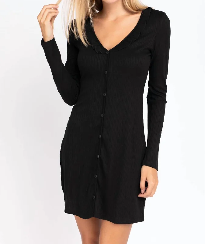 Limited - Stock Ribbed Long Sleeve Mini Dress In Black