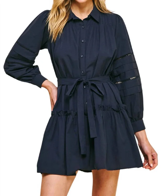 Parisian Effortless Chic Style Buttondown Belted Mini Dress In Ink