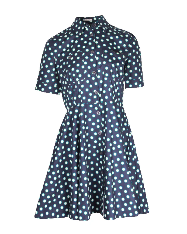 Miu Miu Polka Dot Shirt Mini Dress in Navy Blue Cotton