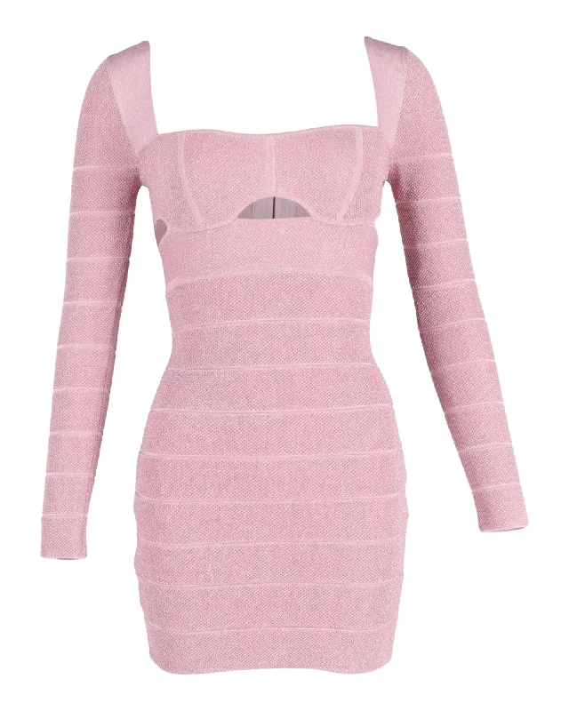 Update With Cottagecore Styles Herve Leger Cutout Long-Sleeve Mini Dress in Pink Polyester