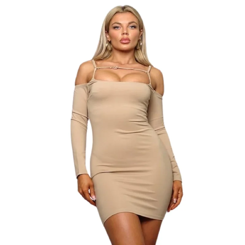 Polished Finish Long Sleeve Cuff Front Strap Mini Dress