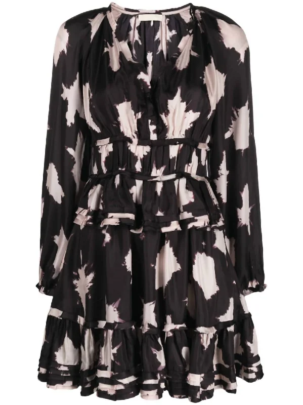 Limited - Edition Drops Ulla Johnson Women Emery Long Sleeve V-Neck Ruffled Skirt Mini Dress Black Noir Blur