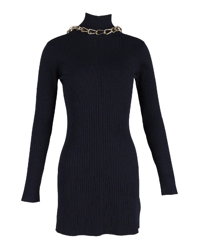 Sleek Design Dion Lee Chain-Embellished Open-Back Ribbed-Knit Mini Dress in Navy Blue Viscose