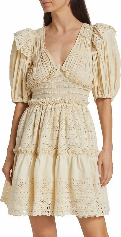 Mid - Week Surprise Women Marley Pleated Smocked Eyelet Mini Dress In Cream