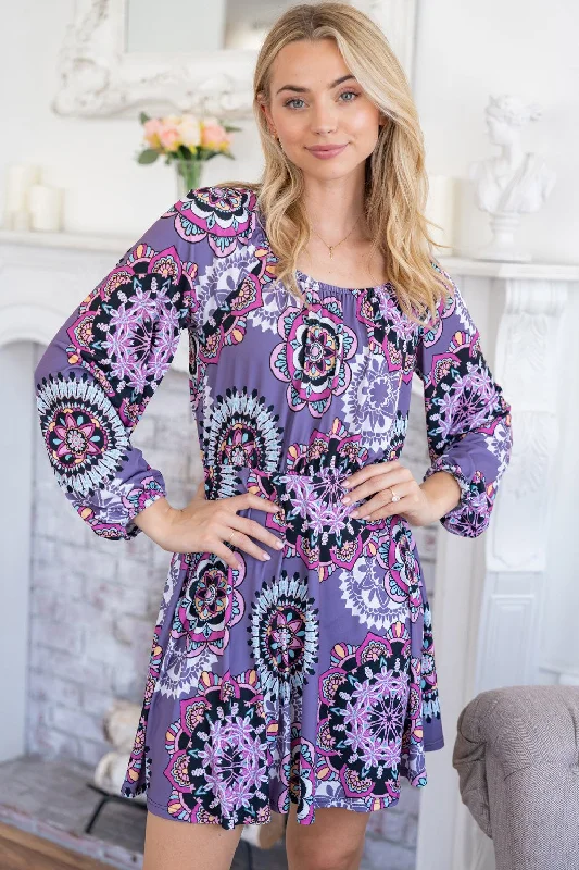 Contemporary Chic Printed Long Sleeve Mini Dress with Short Liner