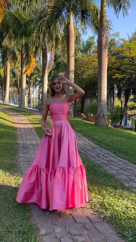 Unbeatable Prices Pink Strapless A-Line Satin Birthday Outfits Long Prom Dress MD7268