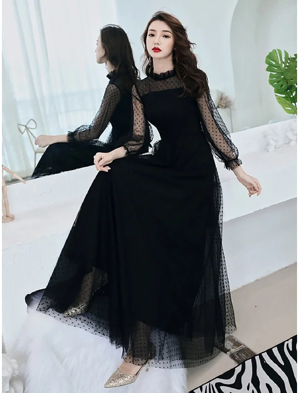 Special Occasion Wear A-Line Little Black Dress Elegant Party Wear Prom Dress High Neck Long Sleeve Floor Length Lace with Ruffles