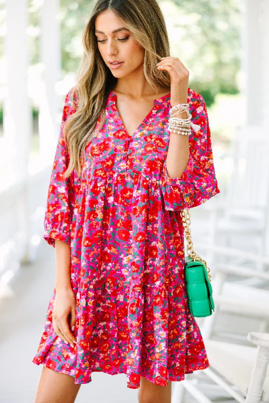 Chic Outfits Can't Be Outdone Fuchsia Pink Ditsy Floral Babydoll Dress