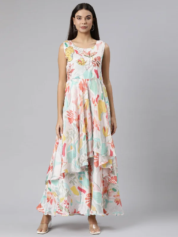 Fashion Deal Neeru's Cream Asymmetric Casual Floral Dresses