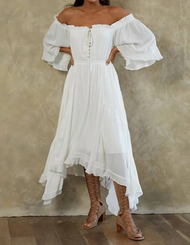 Big Savings 3/4 Sleeves Ruffle Maxi Dress In Off White