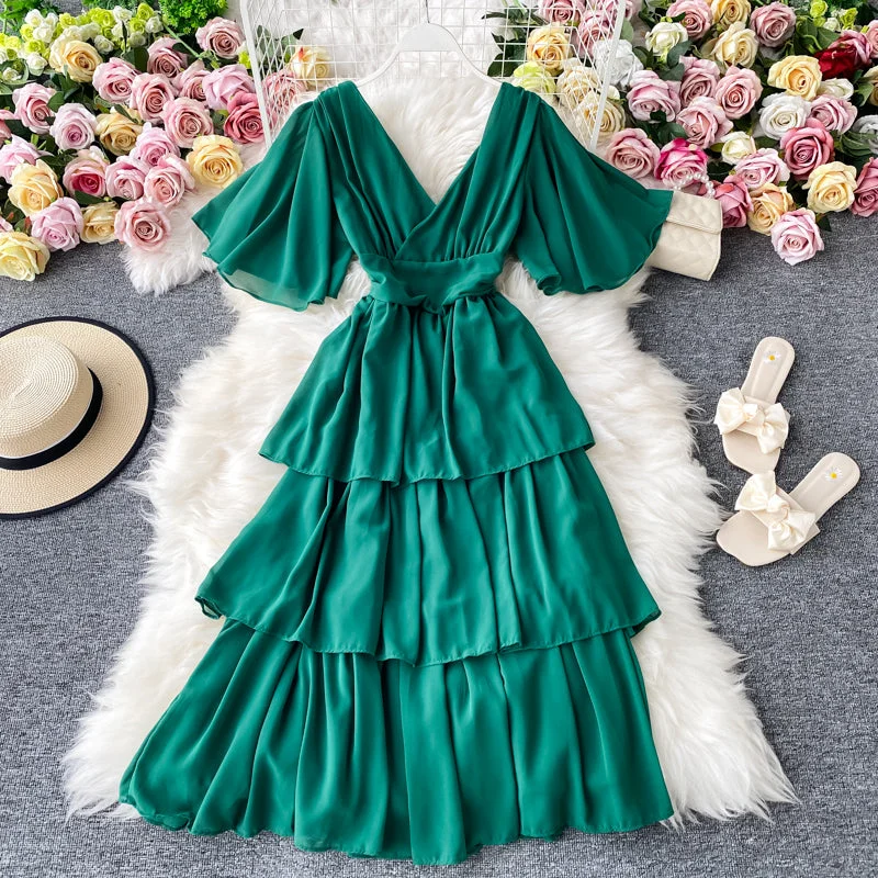 Women's Travel Apparel Sexy V-neck Backless Ruffle Dress     S4452