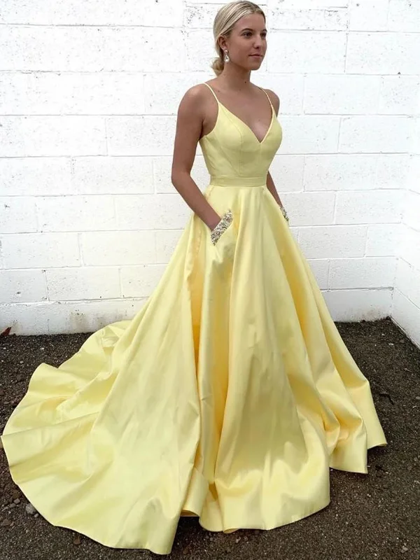 Cottagecore Rustic Charm Style V Neck Yellow Satin Long Prom Dresses with Pockets, Thin Strap Yellow Formal Dresses, Yellow Evening Dresses