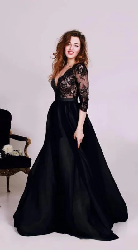 Big Savings On Minimalist Office Styles Sexy Deep V-neckline Black Long Sleeve Lace Plus Size Evening Dress