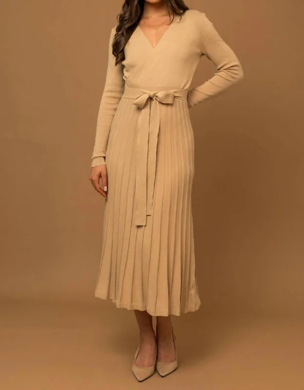 Hot Styles V-Neck Sweater Midi Dress In Camel