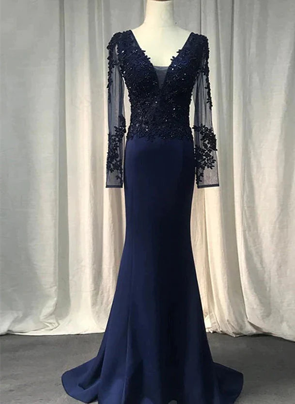 Disco - Inspired Retro Dance Look Navy Blue Spandex Long Sleeves Mermaid Evening Dress Navy Blue Prom Dress