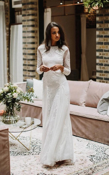 Summer Splash Sale Bateau-neck Lace Long Sleeve Boho Deep-v Neck Wedding Dress