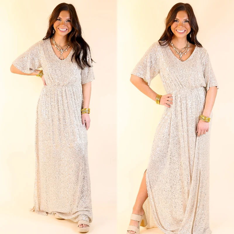 Spring Wardrobe Sparkle In The City Short Sleeve Sequin Maxi Dress in Champagne