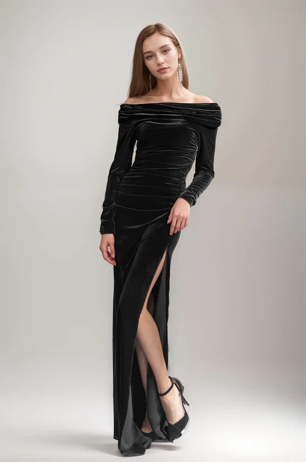 Wardrobe Essentials Elegant Off the Shoulder long sleeves Side Slit Sheath Velvet dress