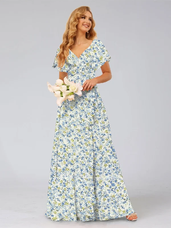 Weekend Special A-Line/Princess V-Neck Short Sleeves Ruffles Floral Bridesmaid Dresses