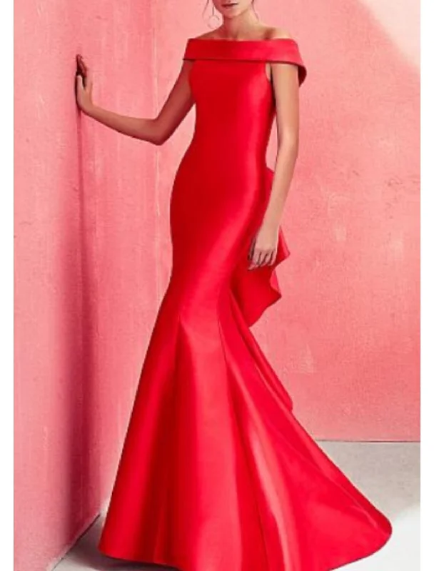 Limited - Time Bundle Mermaid Beautiful Back Red Green Dress Formal Evening Dress Off Shoulder Short Sleeve Floor Length Satin with Ruffles Draping